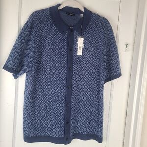 Tahari Mens L Textured Knit Polo Button Up Short Sleeve Sweater Navy/light Blue